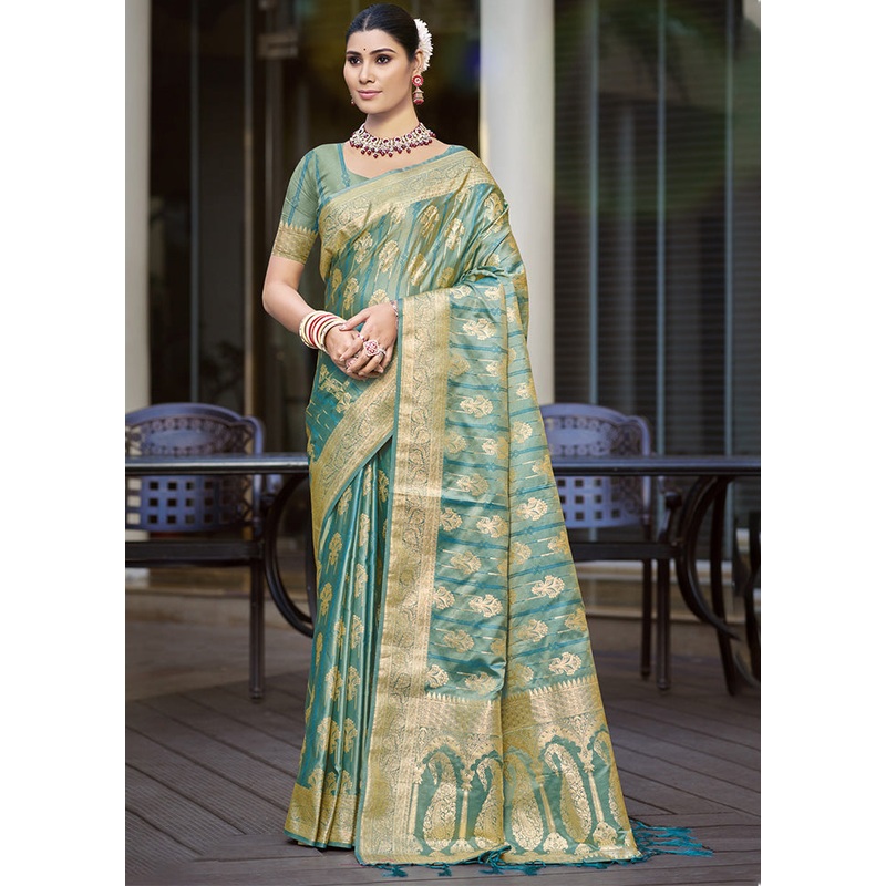 Sea Green Satin Silk Saree With Blouse Piece - JD986599250