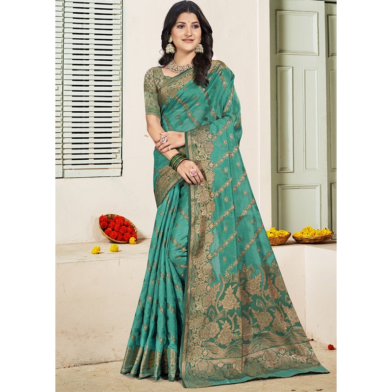 Sea Green Spun Silk Saree With Blouse Piece - JD986599245
