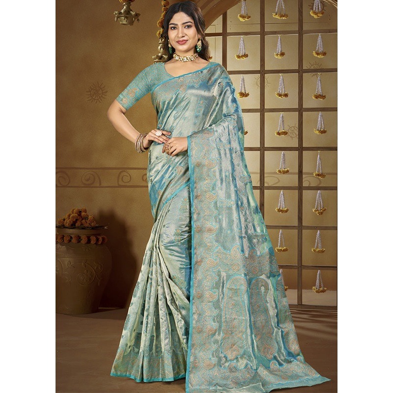 Sky Blue Spun Silk Saree With Blouse Piece - JD986599242