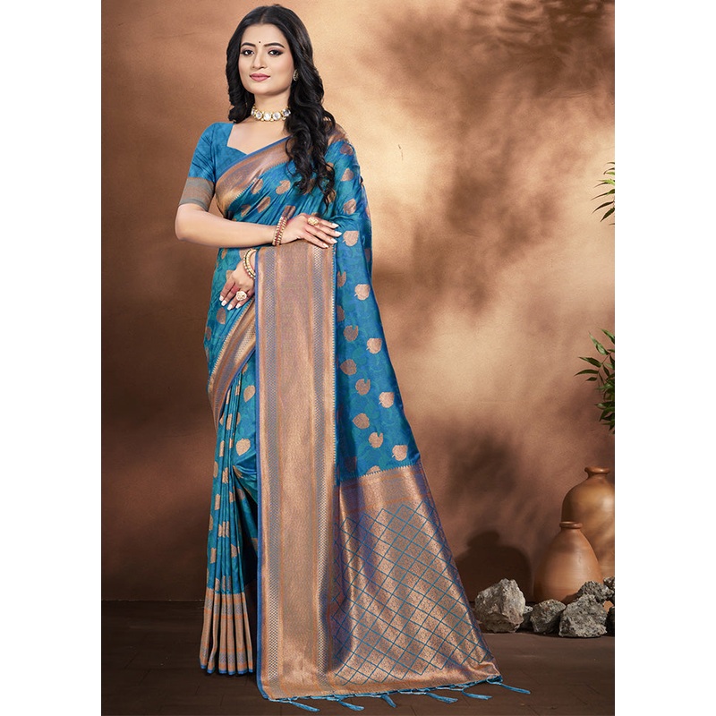 Sky Blue Spun Silk Saree With Blouse Piece - JD986599243