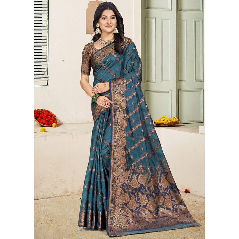 Turquoise Blue Spun Silk Saree With Blouse Piece - JD986599241