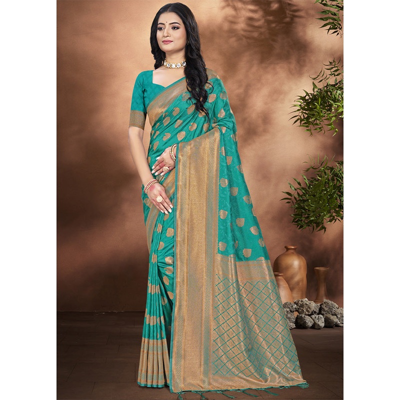 Turquoise Spun Silk Saree With Blouse Piece - JD986599239