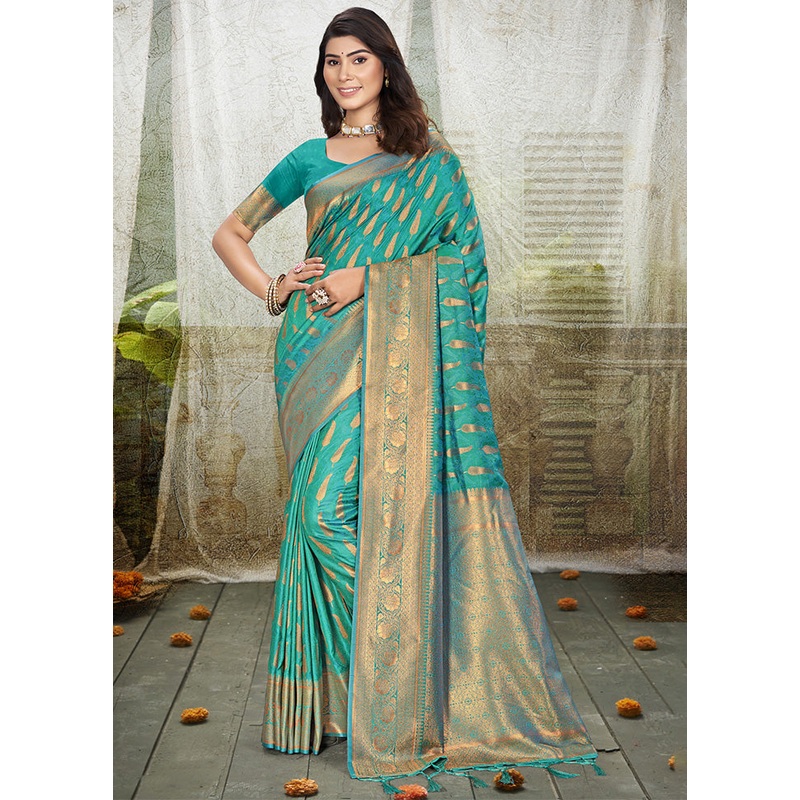 Turquoise Spun Silk Saree With Blouse Piece - JD986599240
