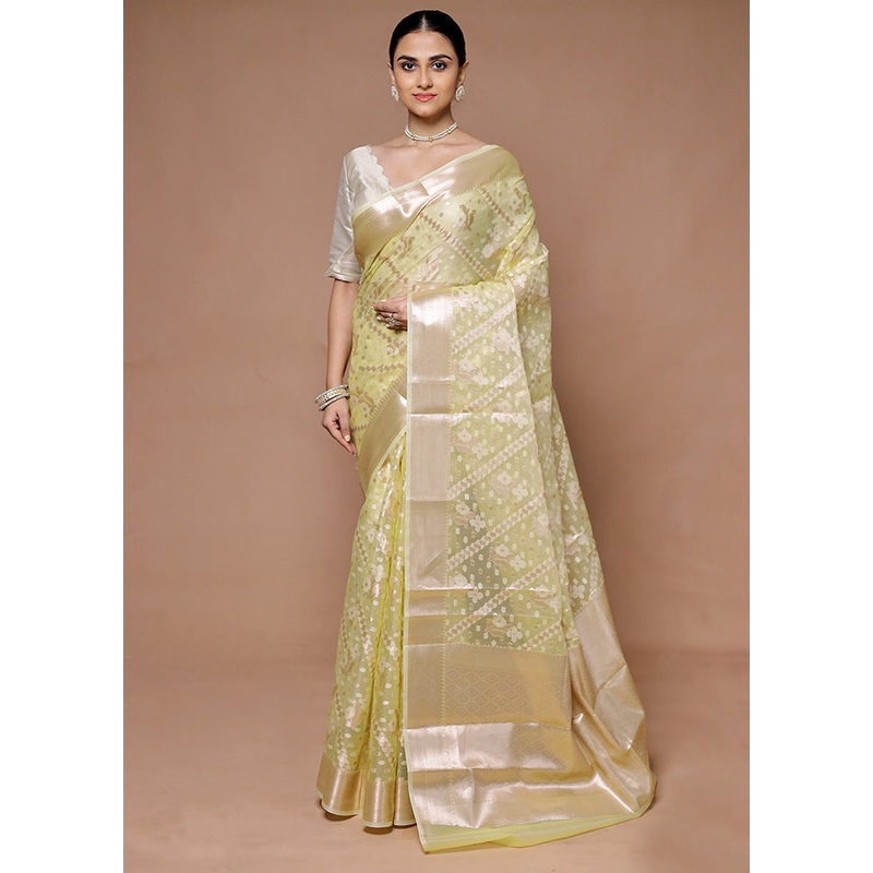 Yellow Organza Saree With Blouse Piece - JD986599344