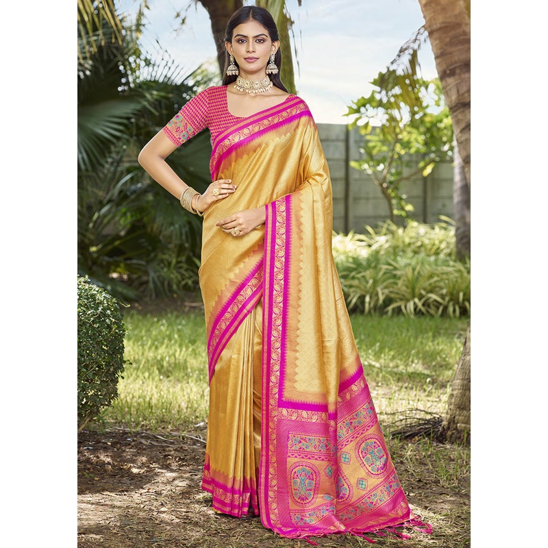 Yellow Spun Silk Saree With Blouse Piece - JD986599422