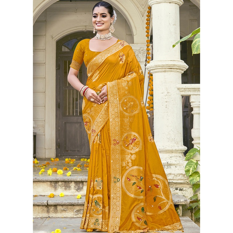 Yellow Spun Silk Saree With Blouse Piece - JD986599425