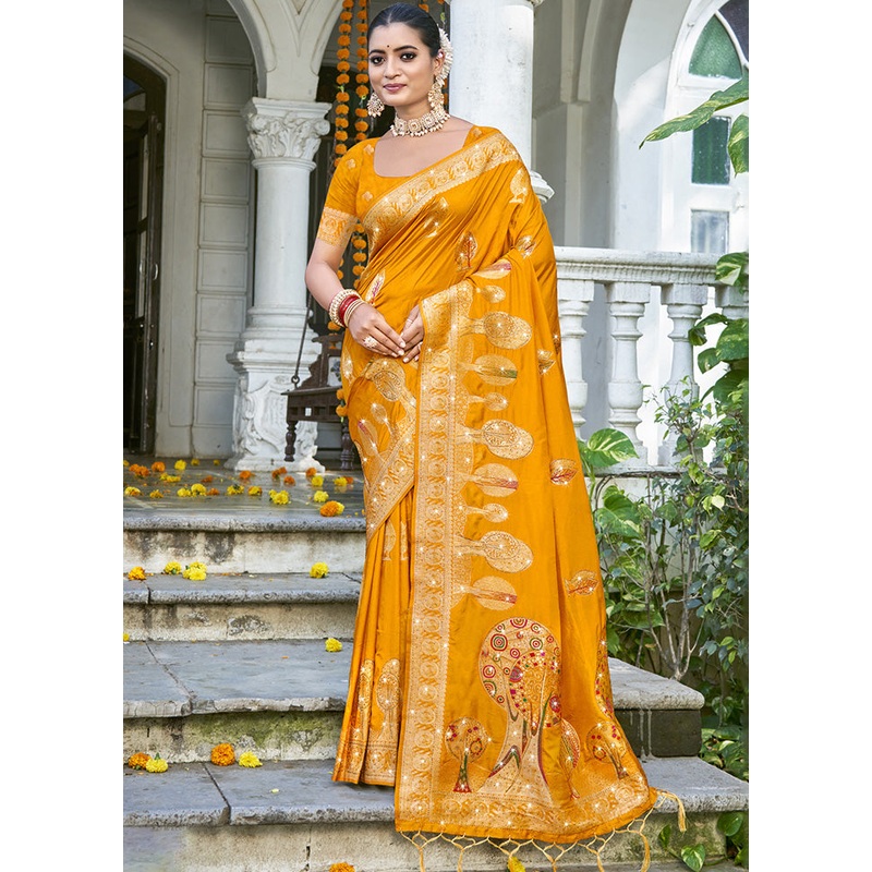 Yellow Spun Silk Saree With Blouse Piece - JD986599426