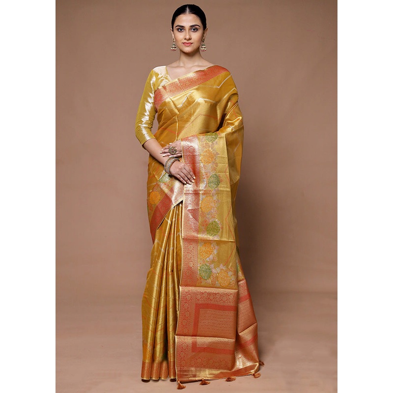 Yellow Tissue Silk Saree With Blouse Piece - JD986599342