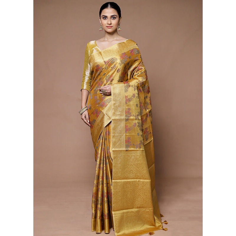 Yellow Tissue Silk Saree With Blouse Piece - JD986599343