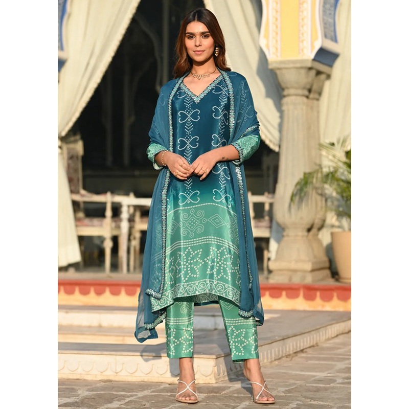 3 Pc Blue Readymade Silk Dupatta Suit Set - JD986599068