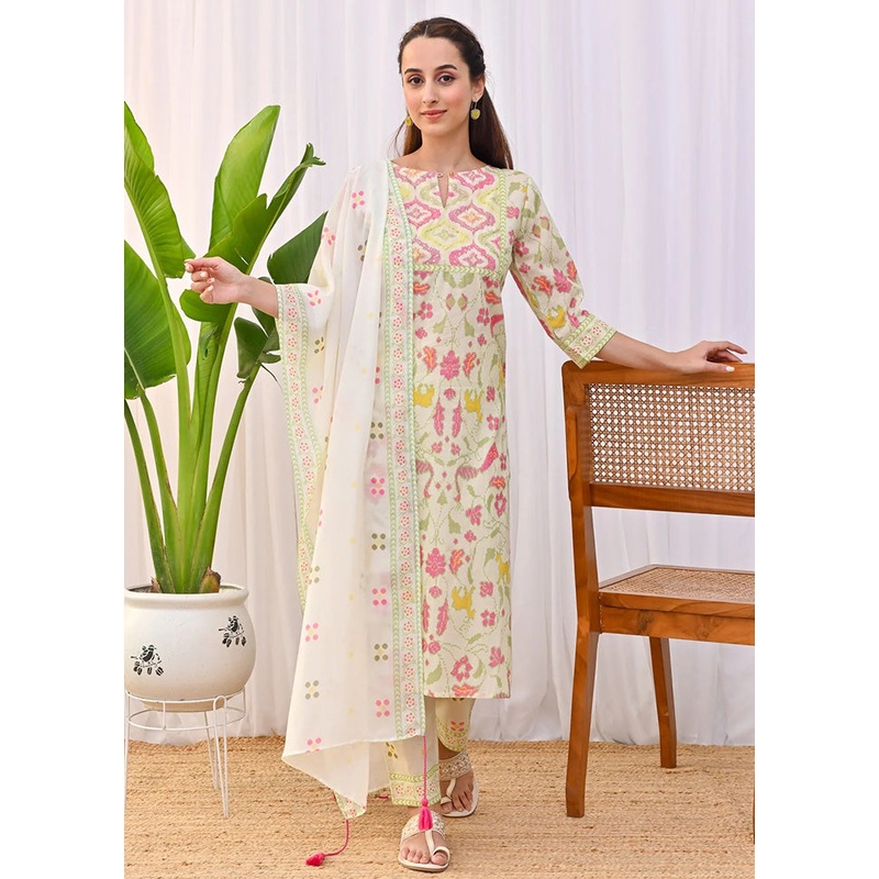 3 Pc Cream Readymade Rayon Dupatta Suit Set - JD986599067