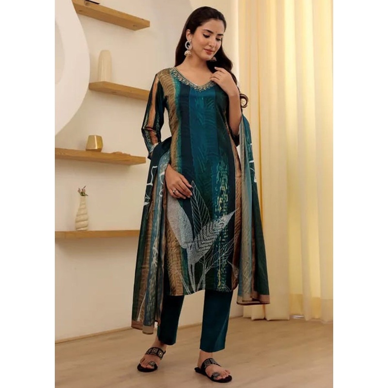 3 Pc Teal Readymade Rayon Dupatta Suit Set - JD986599061