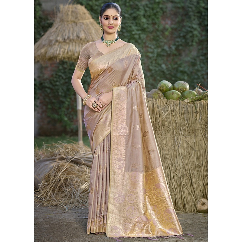 Beige Spun Silk Saree With Blouse Piece - JD986599200