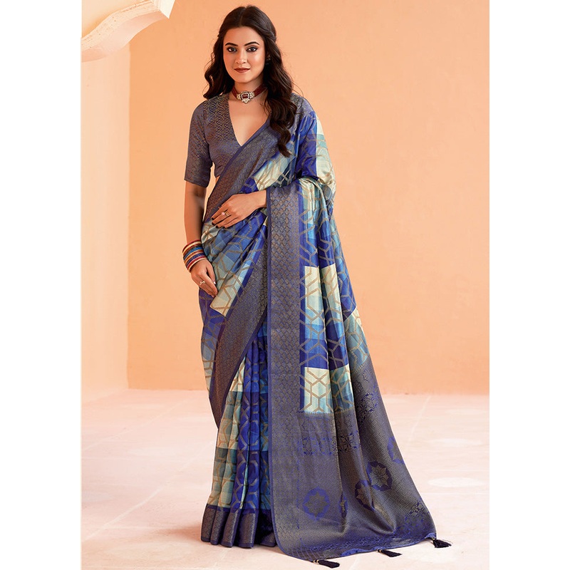 Blue Organza Saree With Blouse Piece - JD986599118