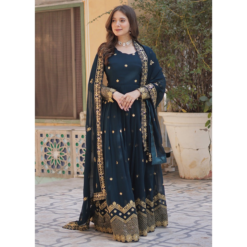 Blue Readymade Georgette Dupatta Indian Dress - JD986599060