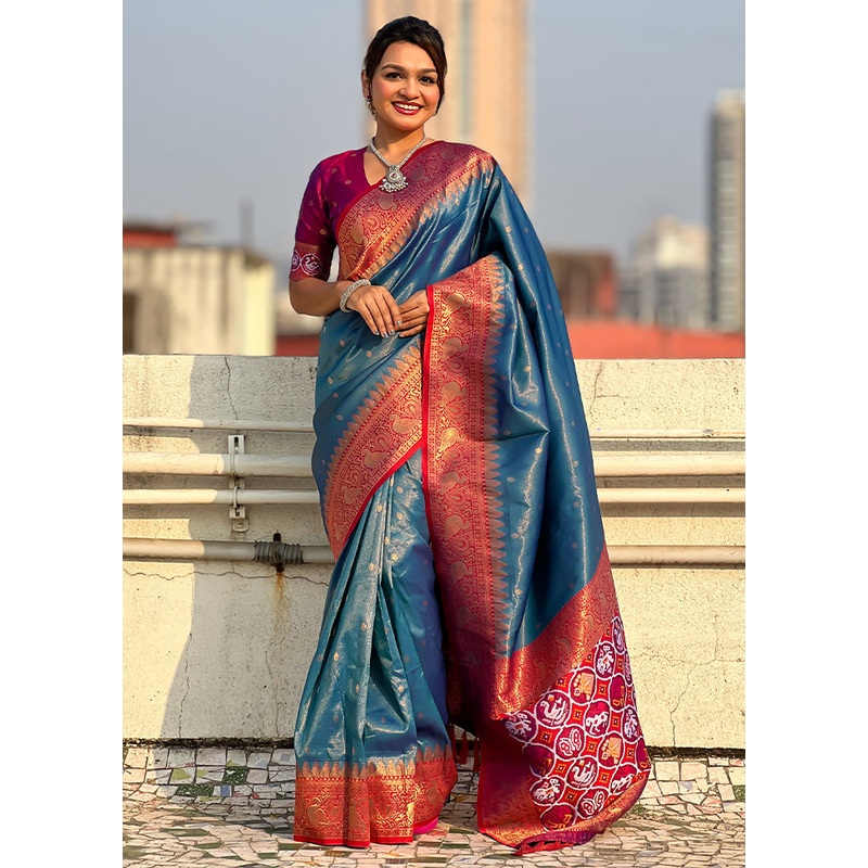 Blue Spun Silk Saree With Blouse Piece - JD986599057