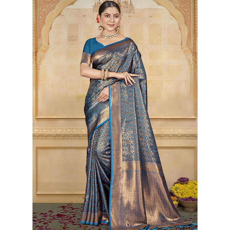 Blue Spun Silk Saree With Blouse Piece - JD986599196