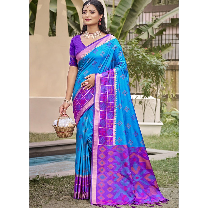 Blue Spun Silk Saree With Blouse Piece - JD986599197