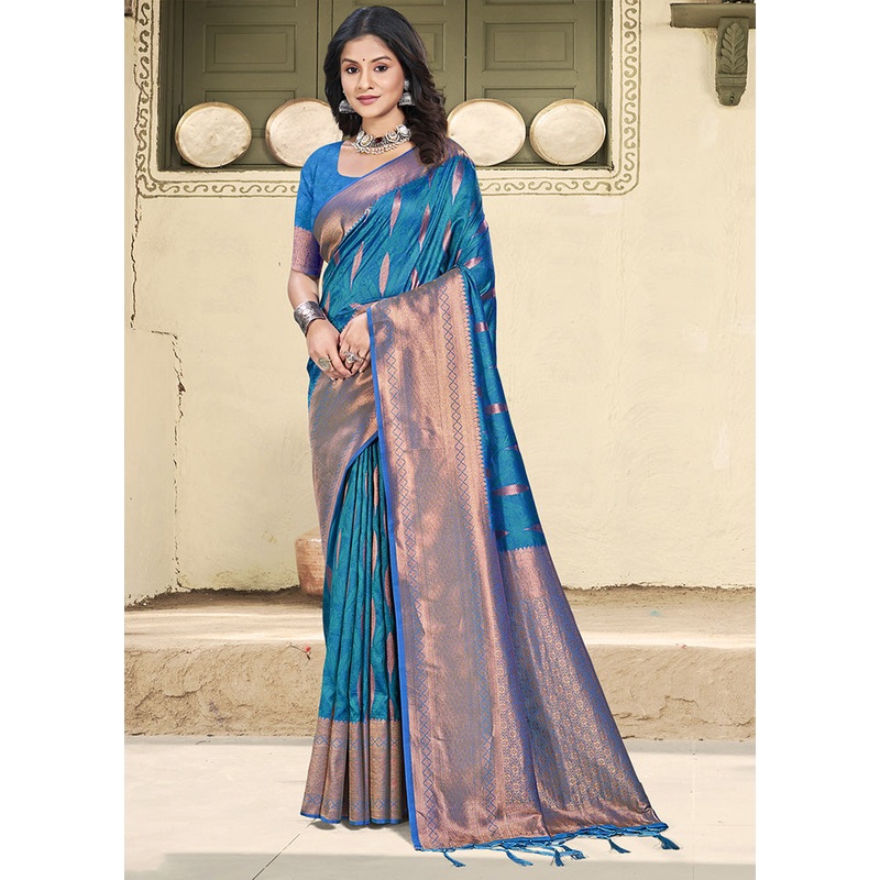 Blue Spun Silk Saree With Blouse Piece - JD986599198