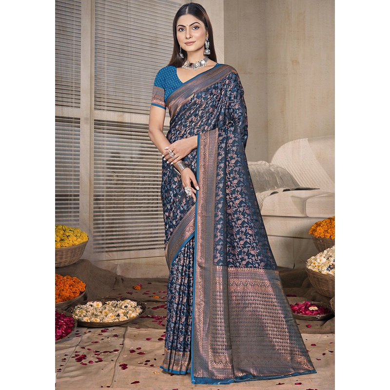 Blue Spun Silk Saree With Blouse Piece - JD986599199