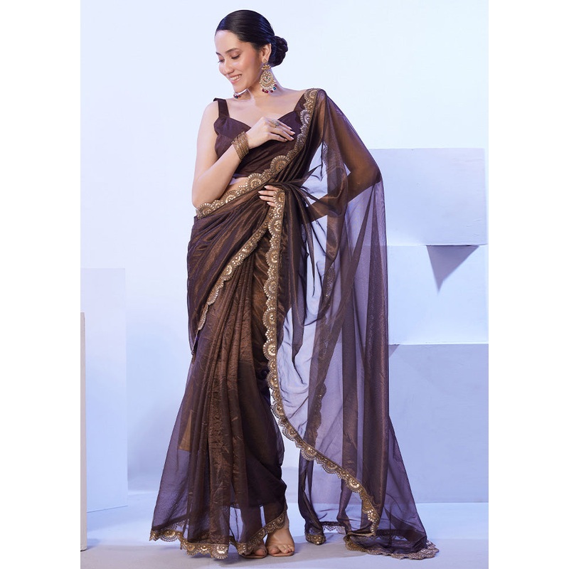 Brown Net Net Saree With Blouse Piece - JD986599055