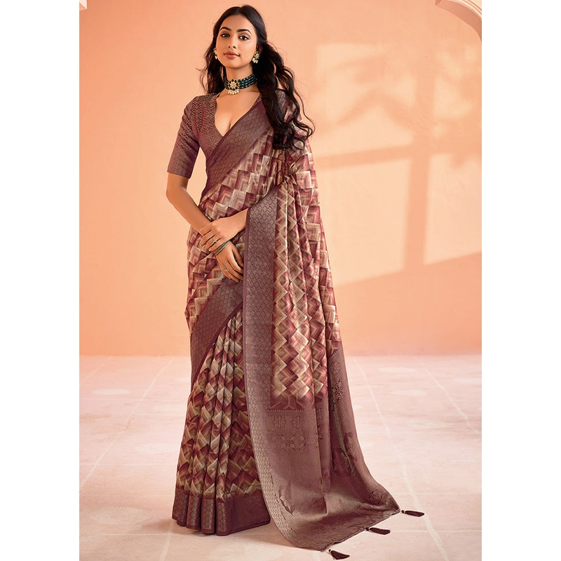 Brown Organza Saree With Blouse Piece - JD986599114