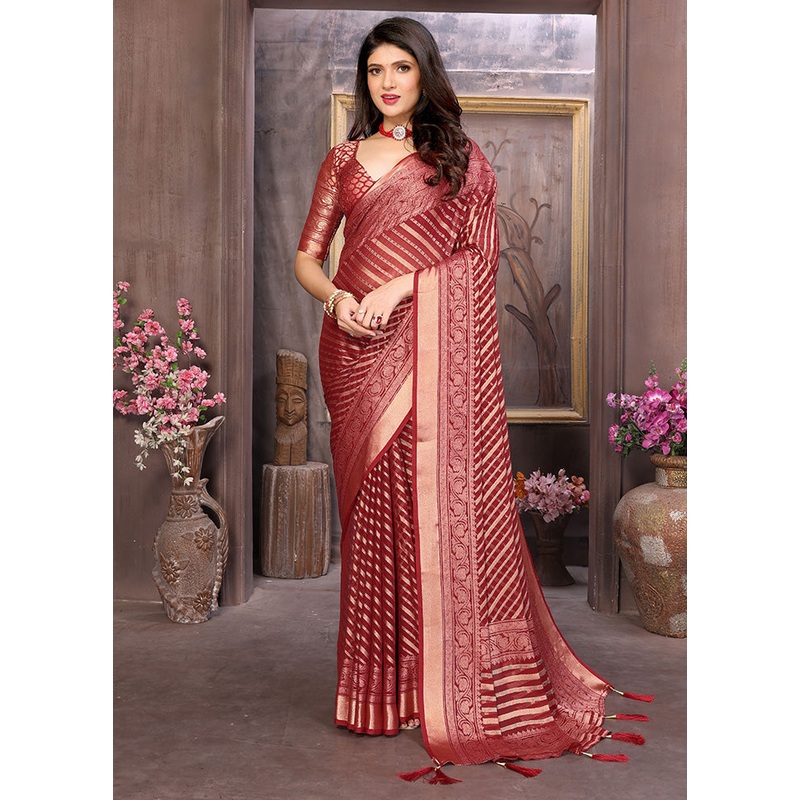 Burgundy Spun Silk Saree With Blouse Piece - JD986599113
