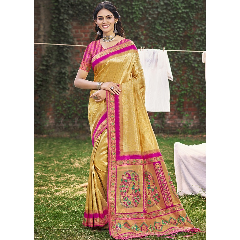 Cream Spun Silk Saree With Blouse Piece - JD986599191