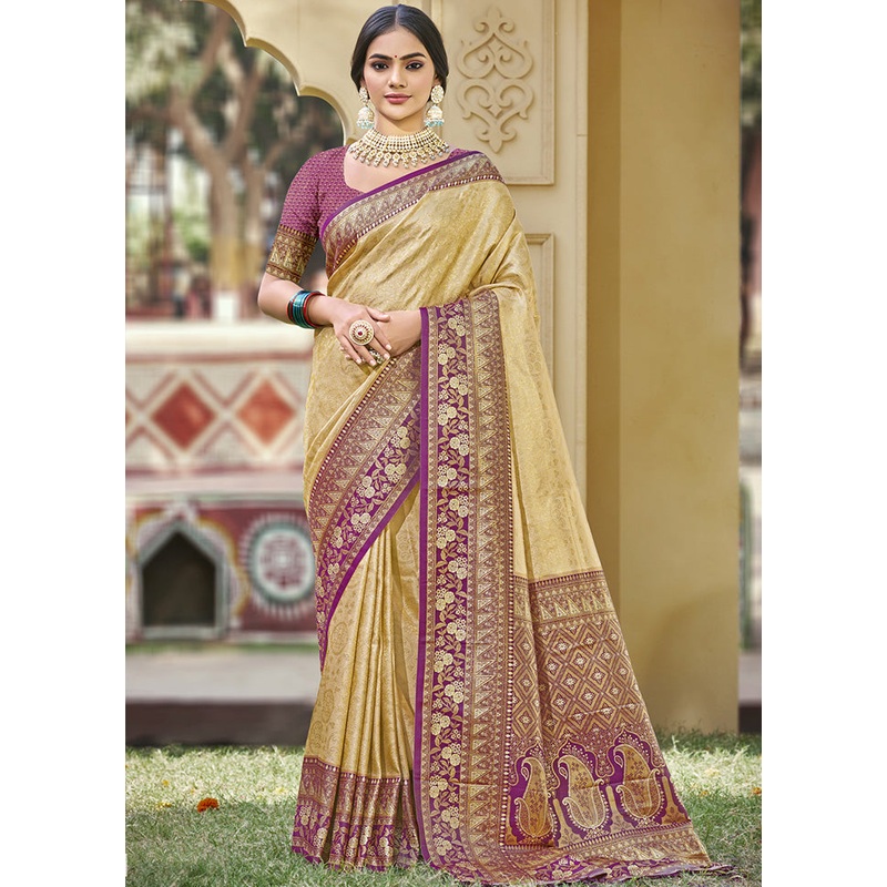 Cream Spun Silk Saree With Blouse Piece - JD986599192