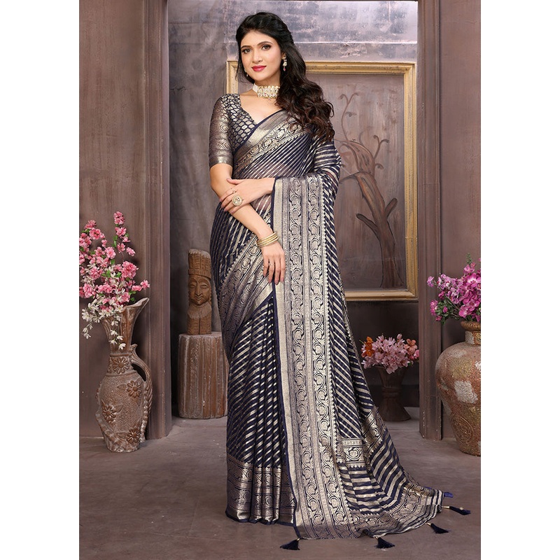 Dark Blue Spun Silk Saree With Blouse Piece - JD986599112