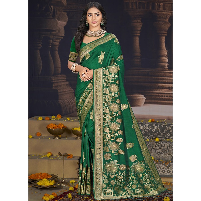 Dark Green Spun Silk Saree With Blouse Piece - JD986599190