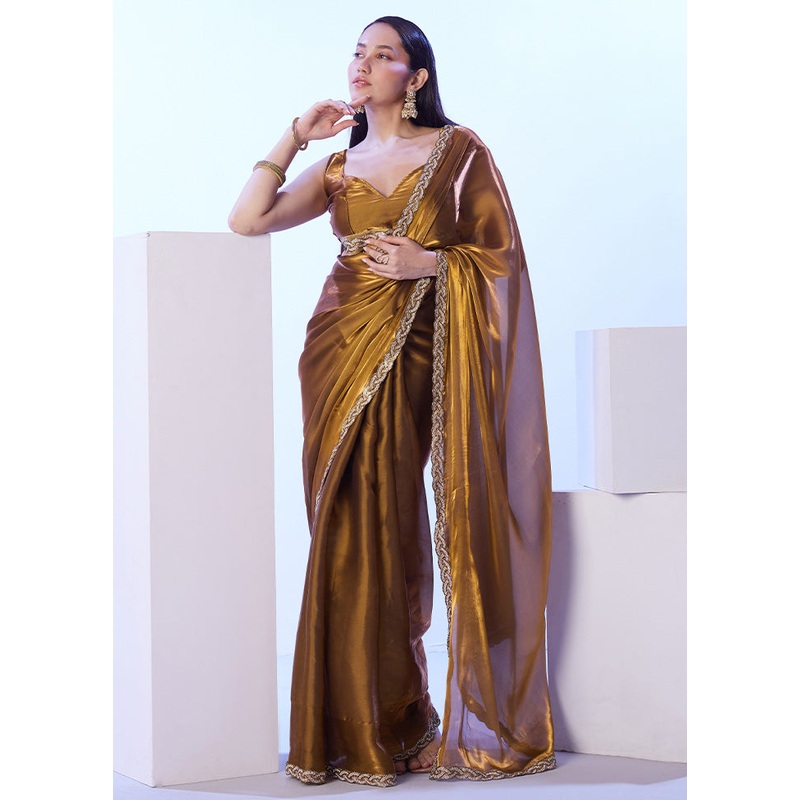 Gold Satin Silk Saree With Blouse Piece - JD986599051