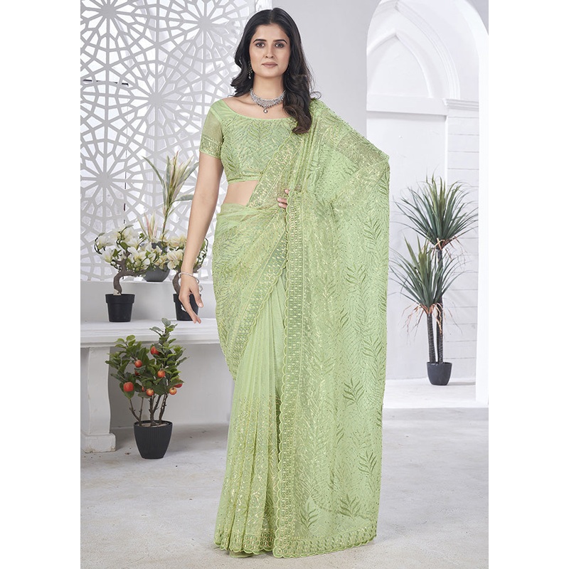 Green Net Net Saree With Blouse Piece - JD986599110