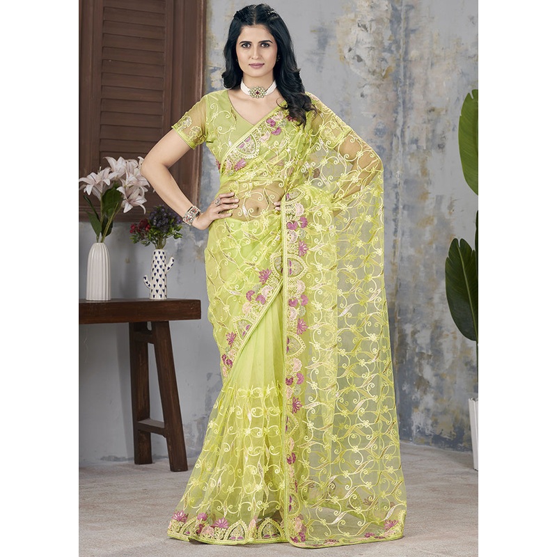 Green Net Net Saree With Blouse Piece - JD986599111