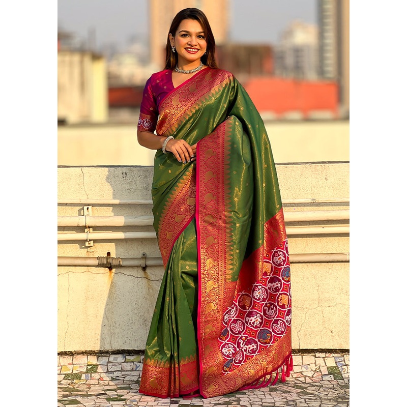 Green Spun Silk Saree With Blouse Piece - JD986599049
