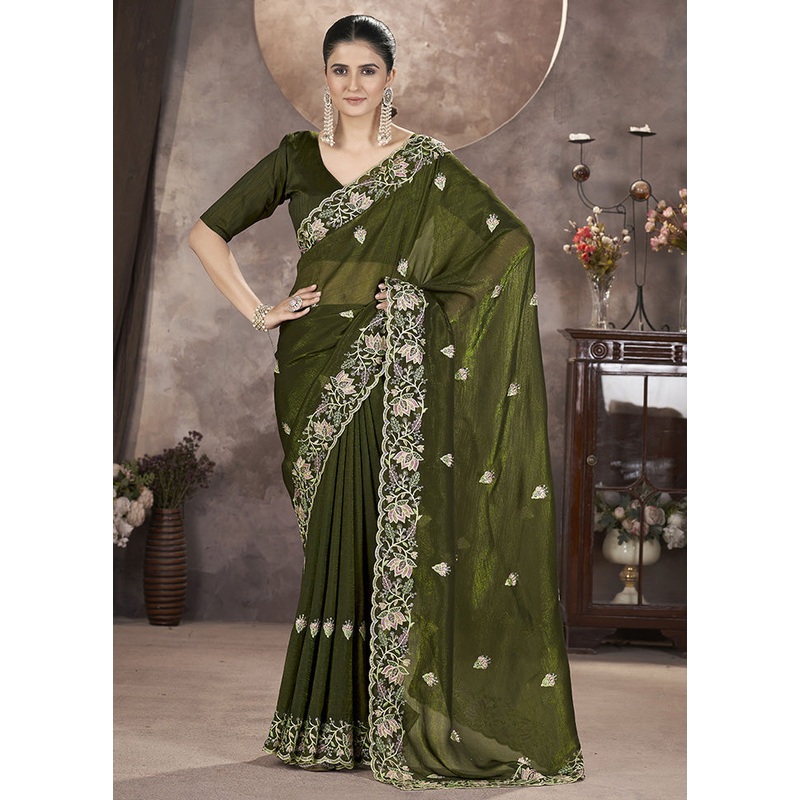 Green Spun Silk Saree With Blouse Piece - JD986599109