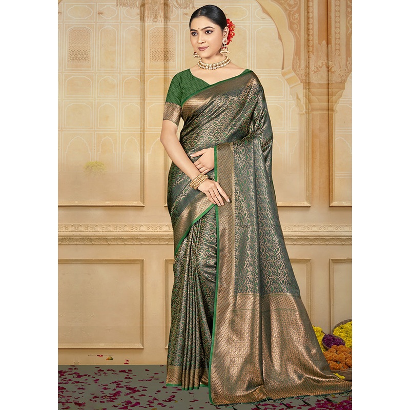 Green Spun Silk Saree With Blouse Piece - JD986599186