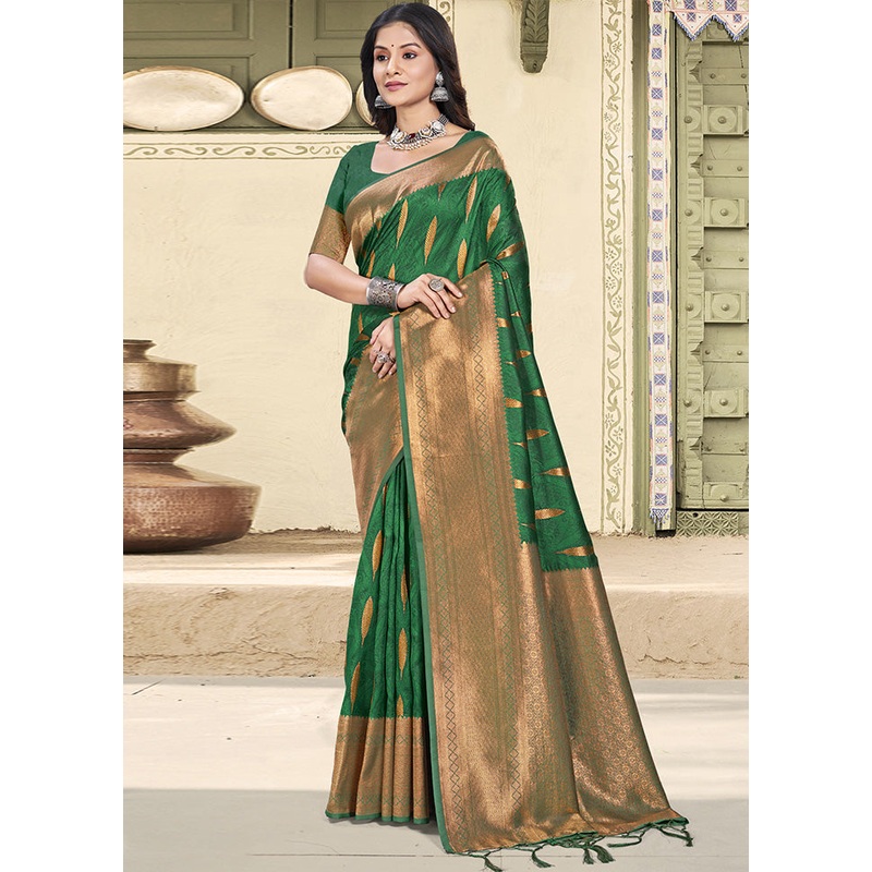 Green Spun Silk Saree With Blouse Piece - JD986599188