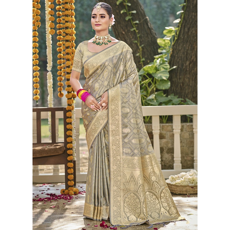 Grey Satin Silk Saree With Blouse Piece - JD986599184