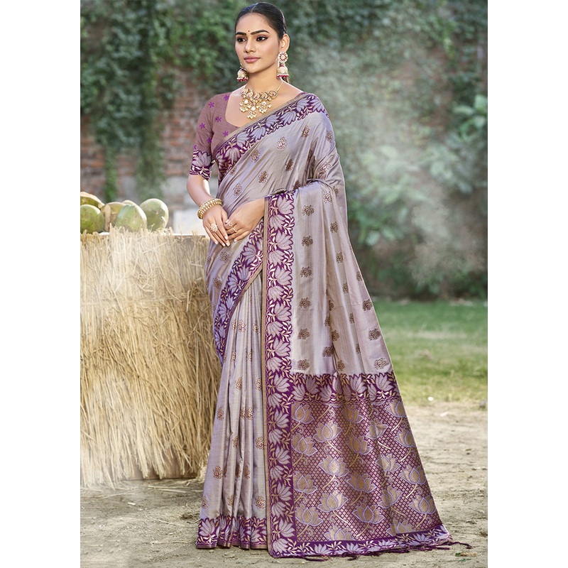 Grey Spun Silk Saree With Blouse Piece - JD986599182