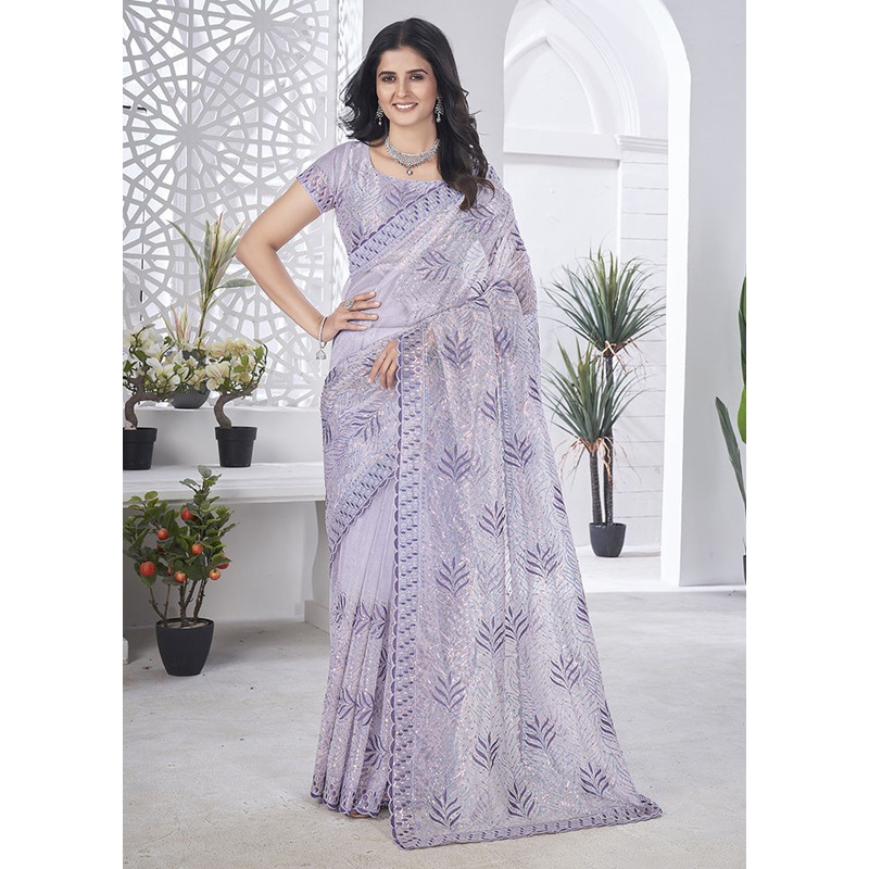 Lavender Net Net Saree With Blouse Piece - JD986599105