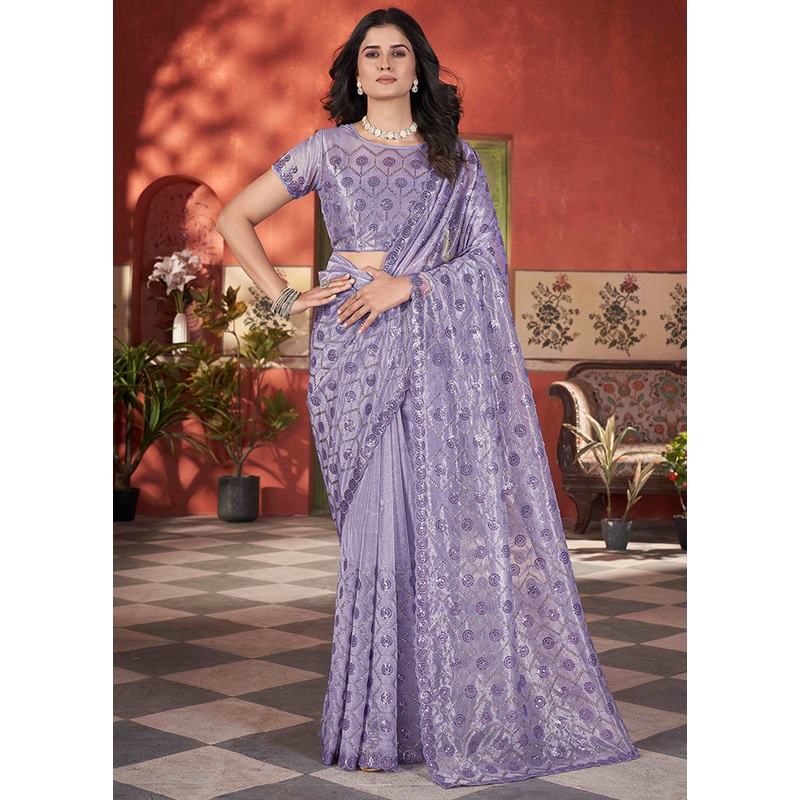 Lavender Net Net Saree With Blouse Piece - JD986599106