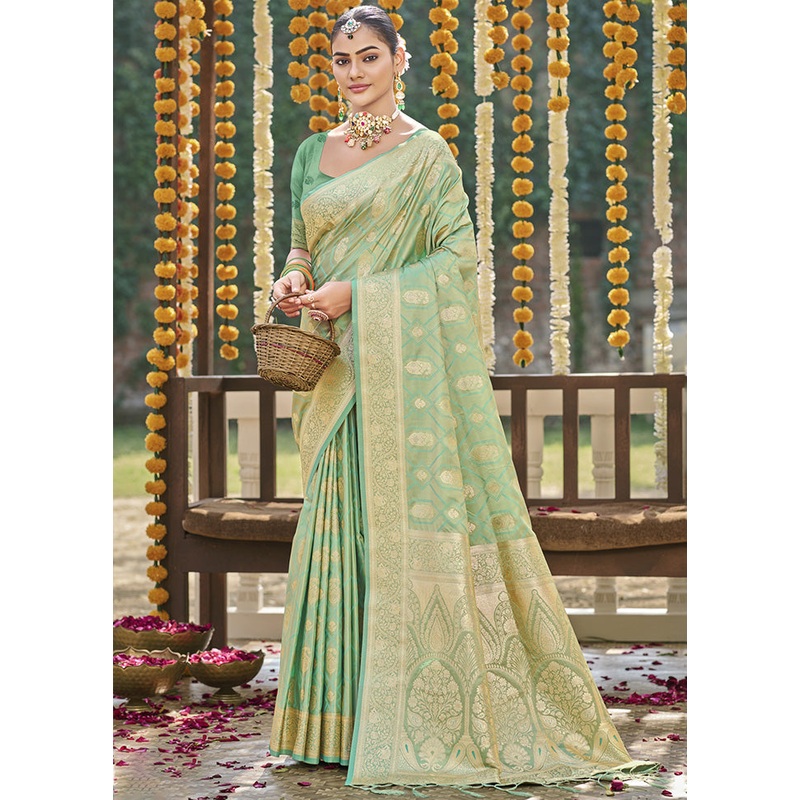 Light Green Satin Silk Saree With Blouse Piece - JD986599179