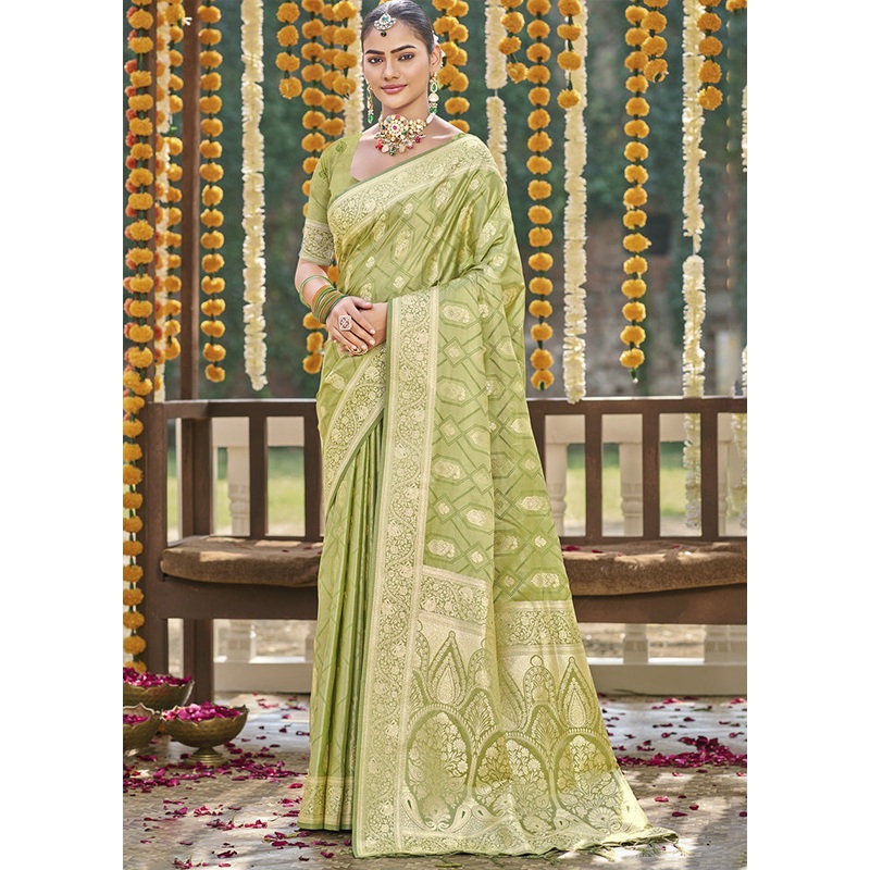 Light Green Satin Silk Saree With Blouse Piece - JD986599180