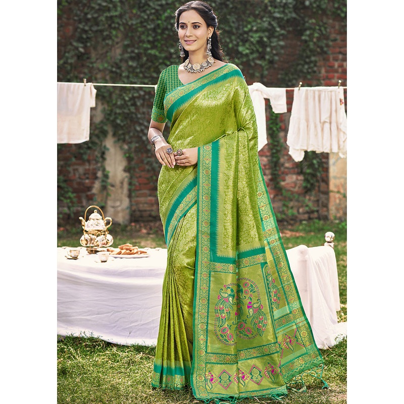 Light Green Spun Silk Saree With Blouse Piece - JD986599172