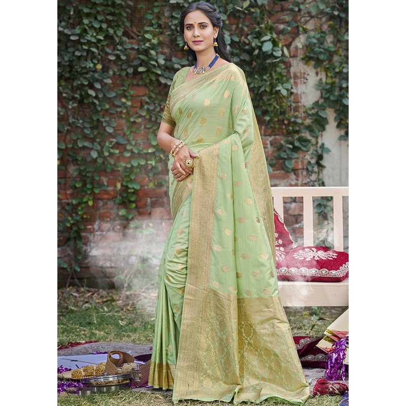 Light Green Spun Silk Saree With Blouse Piece - JD986599173