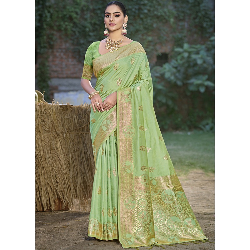 Light Green Spun Silk Saree With Blouse Piece - JD986599176