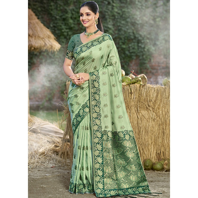 Light Green Spun Silk Saree With Blouse Piece - JD986599177