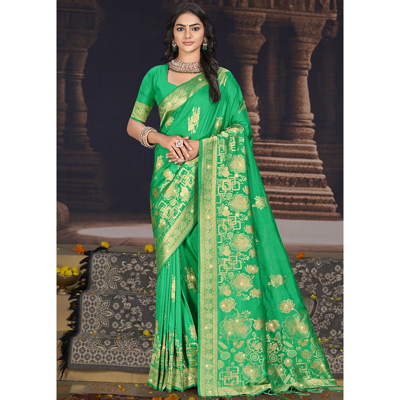Light Green Spun Silk Saree With Blouse Piece - JD986599178