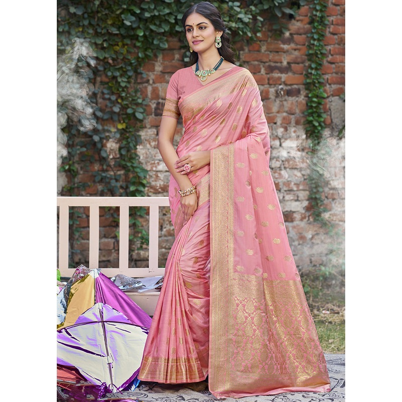 Light Pink Spun Silk Saree With Blouse Piece - JD986599170